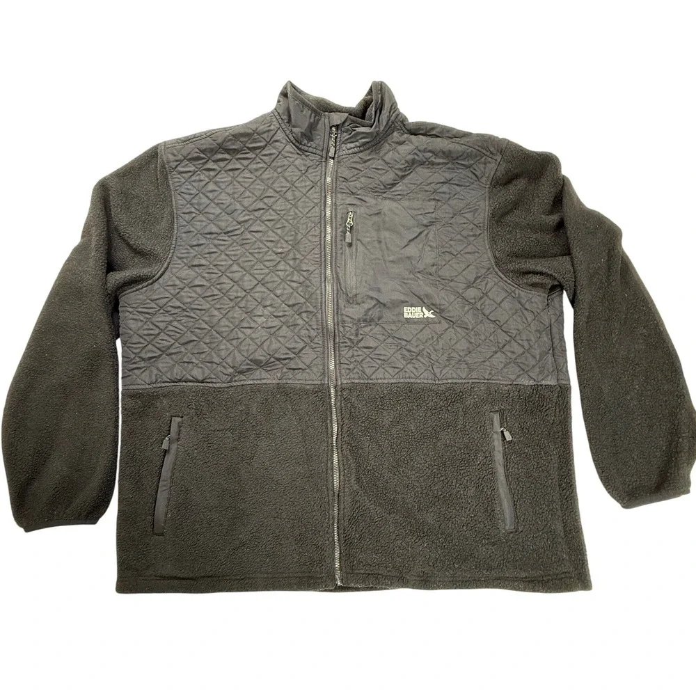 Eddie Bauer Mens XXL Black Quilted Sherpa Fleece Full Zip Hybrid‎ Jacket Coat
